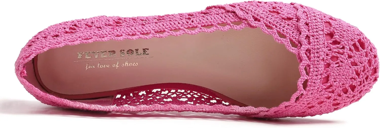 FEVERSOLE Women's Comfort Breathable Knit Crochet Shoes Lace Ballet Flats