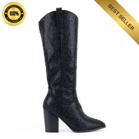 Gemstones - Embellished Mid Heel Cowgirl Boots for Women, Stylish Western Footwear, Elegant Embellishments, Perfect for Festivals