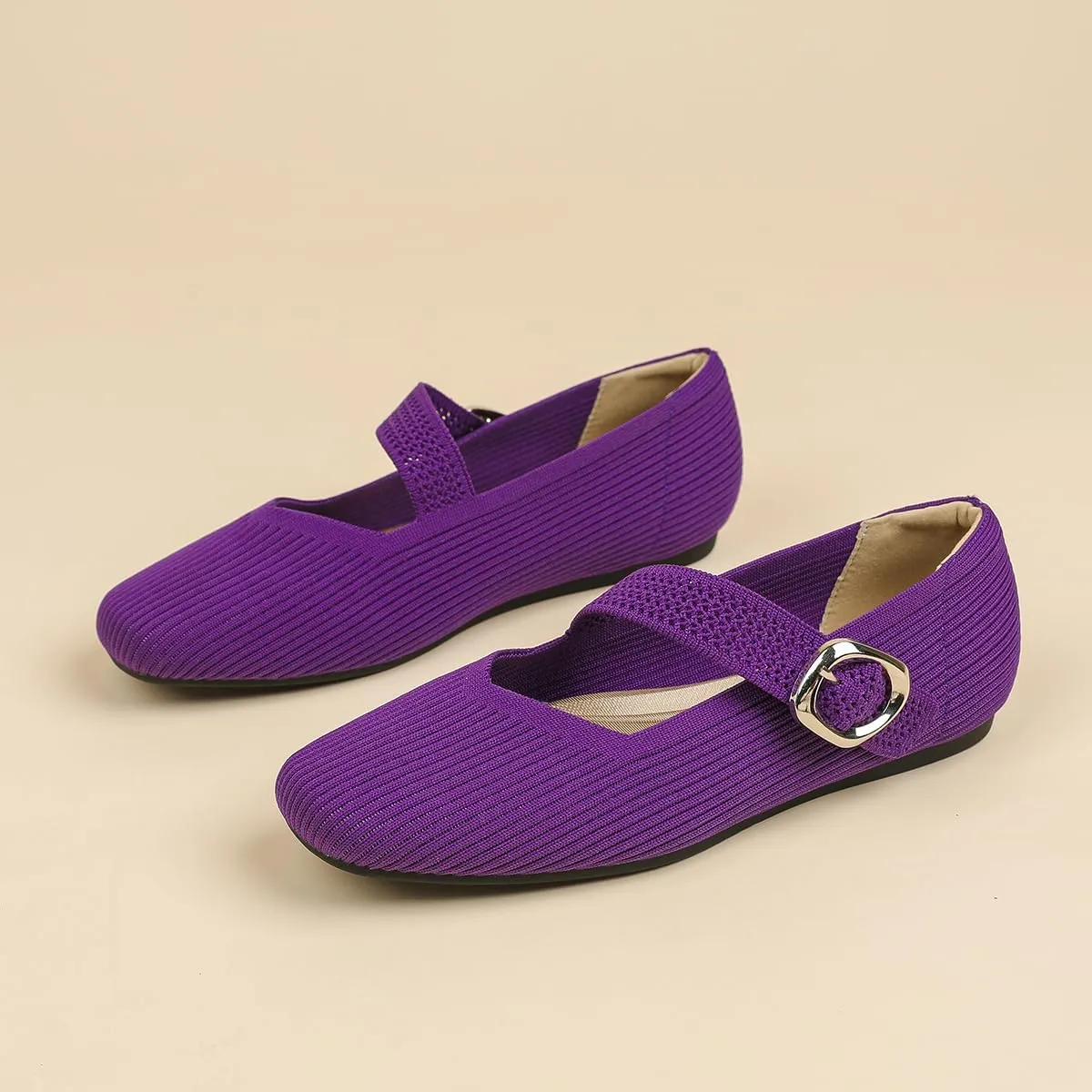 HROYL Women Square Toe Mary-Jane Knit Flats Shoes Casual Office Business Dressy Shoes Model XTZ-2024-1