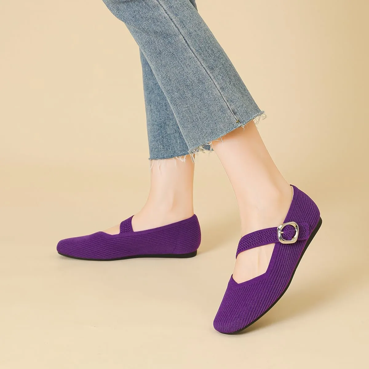 HROYL Women Square Toe Mary-Jane Knit Flats Shoes Casual Office Business Dressy Shoes Model XTZ-2024-1