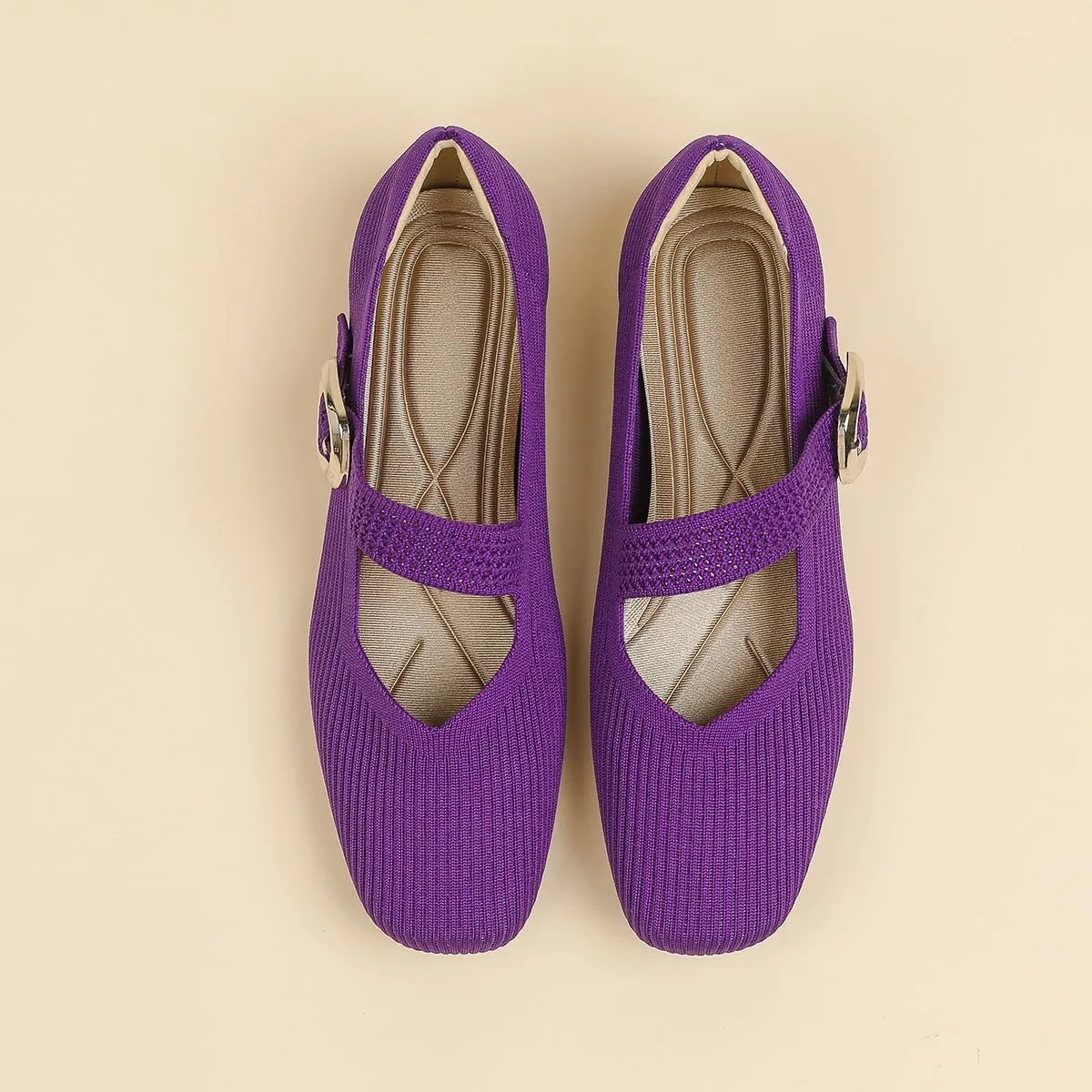 HROYL Women Square Toe Mary-Jane Knit Flats Shoes Casual Office Business Dressy Shoes Model XTZ-2024-1