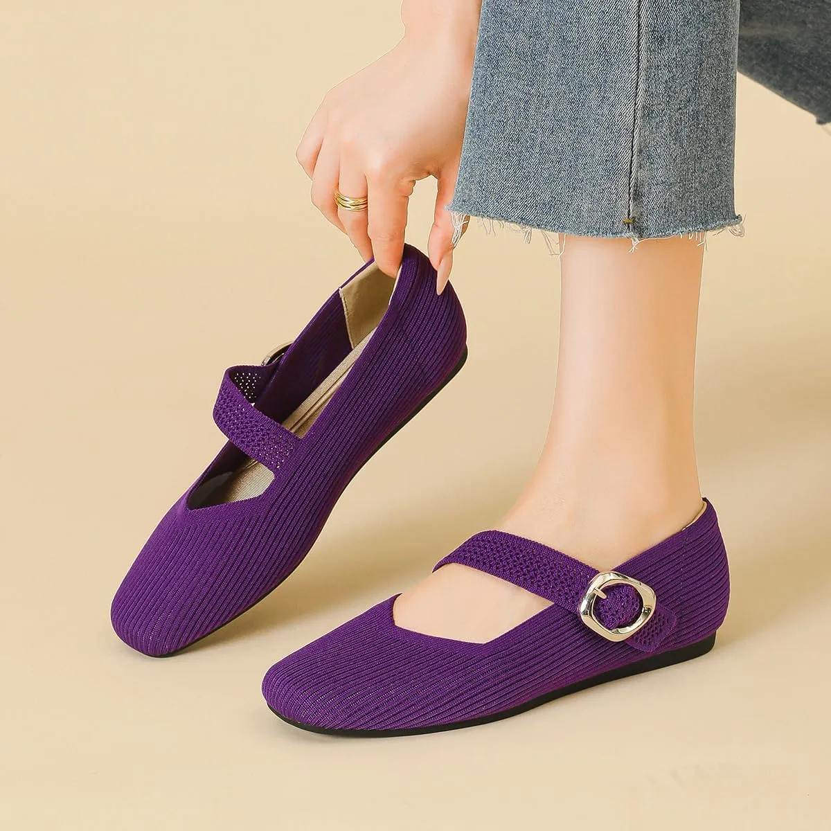 HROYL Women Square Toe Mary-Jane Knit Flats Shoes Casual Office Business Dressy Shoes Model XTZ-2024-1