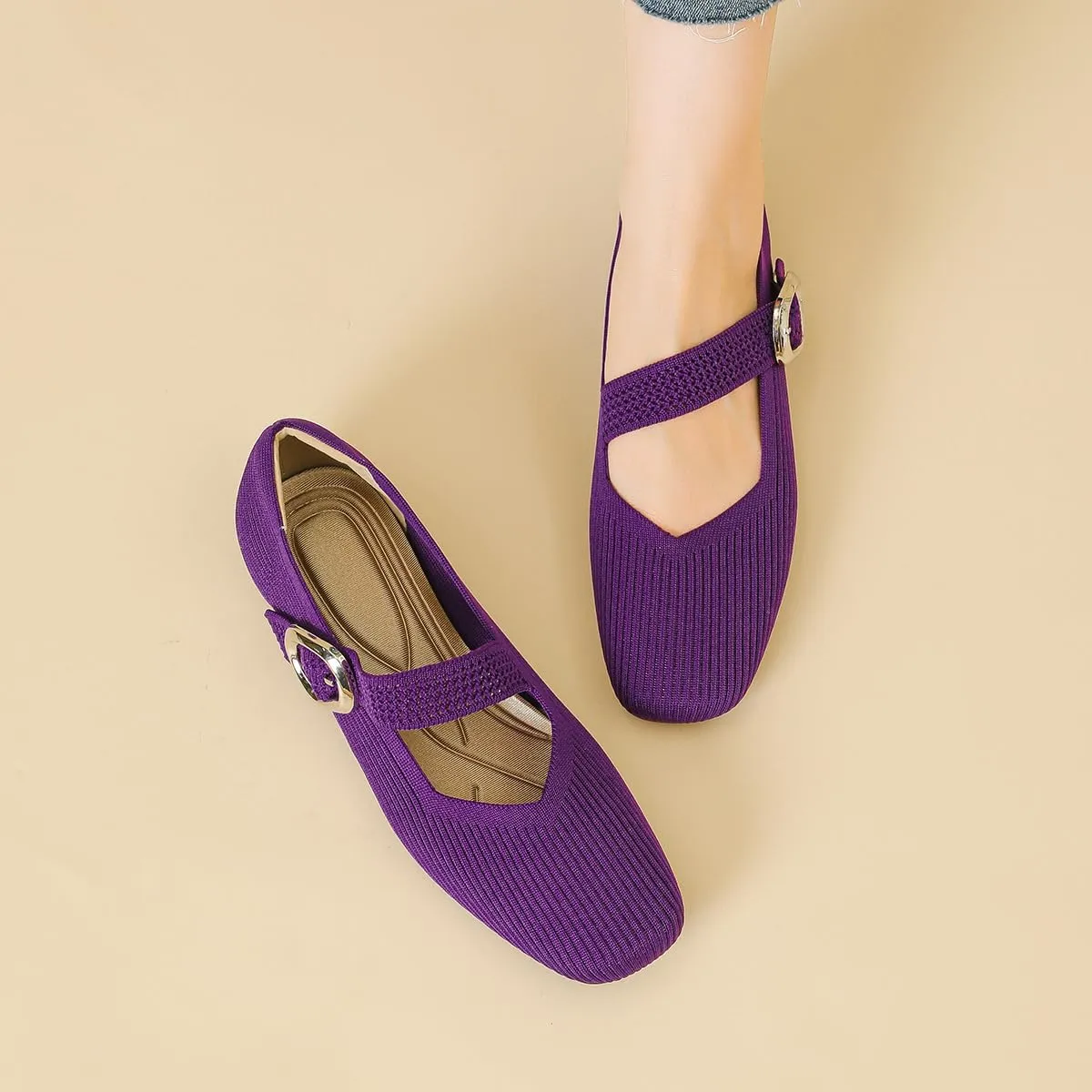 HROYL Women Square Toe Mary-Jane Knit Flats Shoes Casual Office Business Dressy Shoes Model XTZ-2024-1