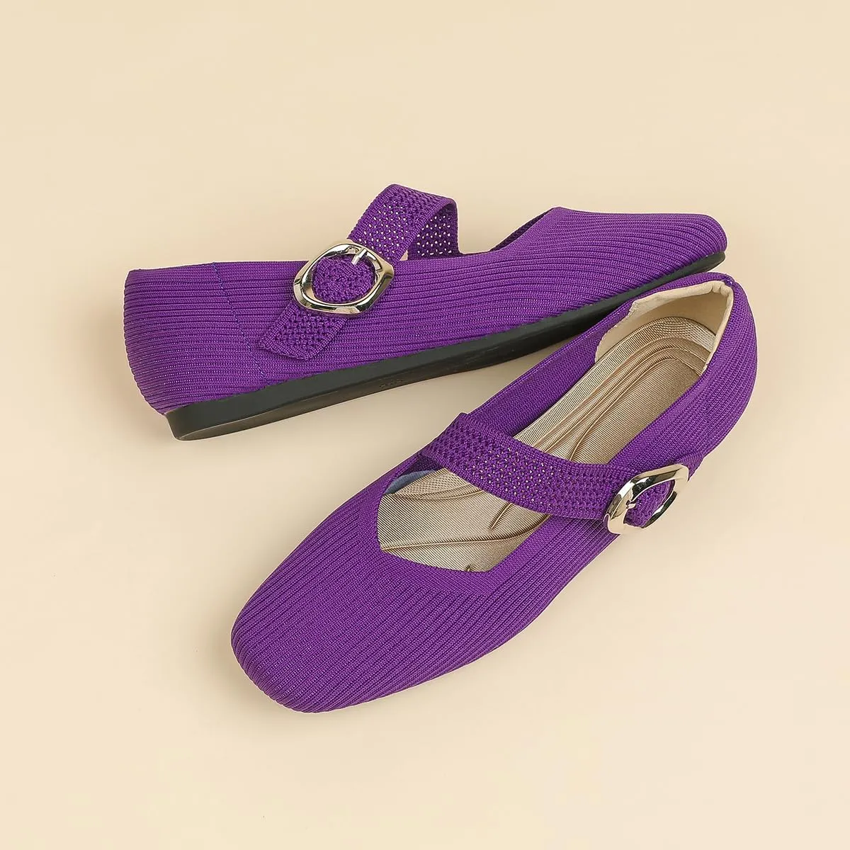 HROYL Women Square Toe Mary-Jane Knit Flats Shoes Casual Office Business Dressy Shoes Model XTZ-2024-1