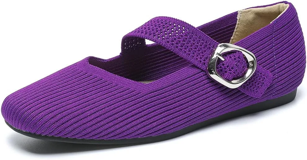 HROYL Women Square Toe Mary-Jane Knit Flats Shoes Casual Office Business Dressy Shoes Model XTZ-2024-1
