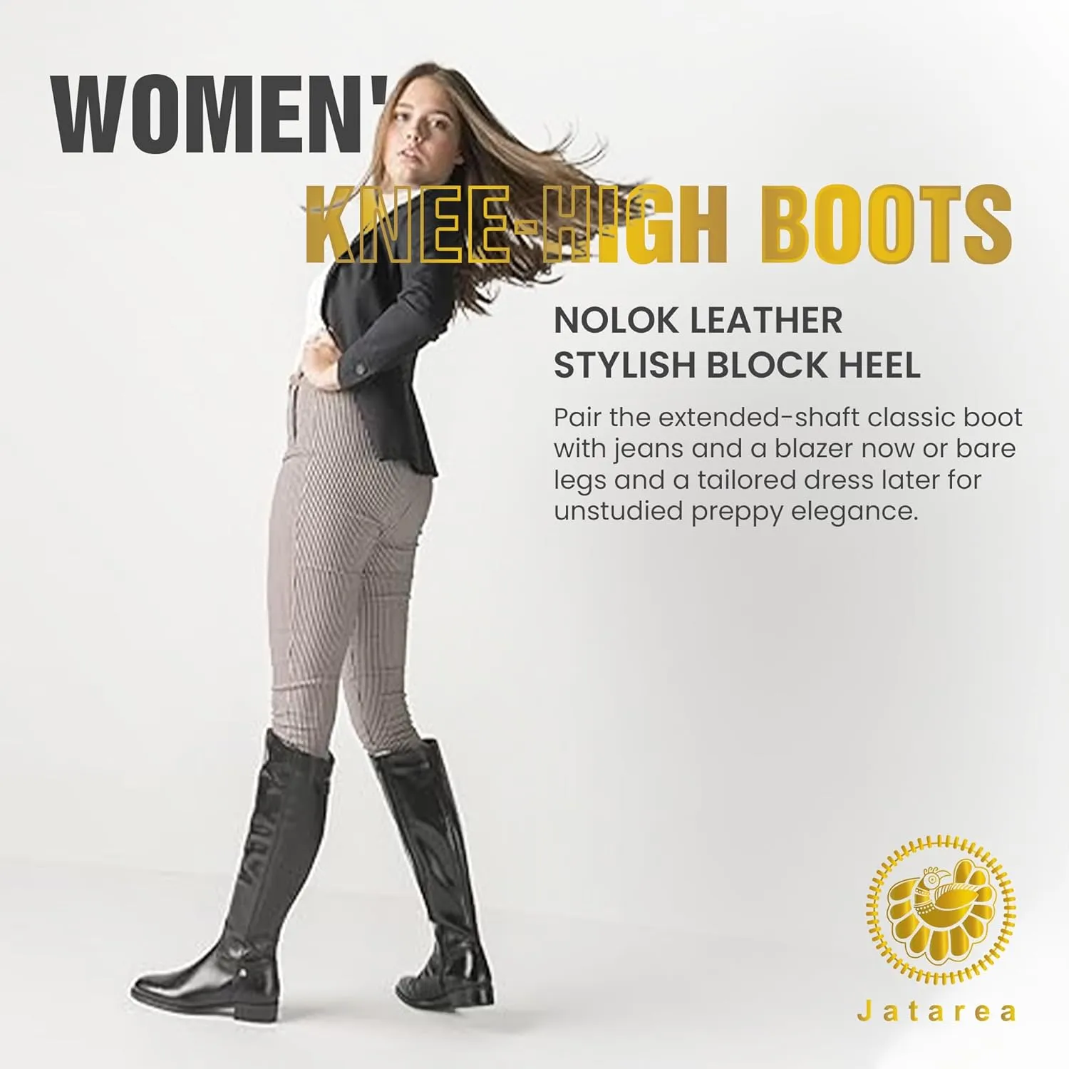 JATAREA Women's Leather Knee-High Boots - Stylish Block Heel - Comfortable Bootie for Females - Cushioned Insole for Comfort - Durable and Versatile Design