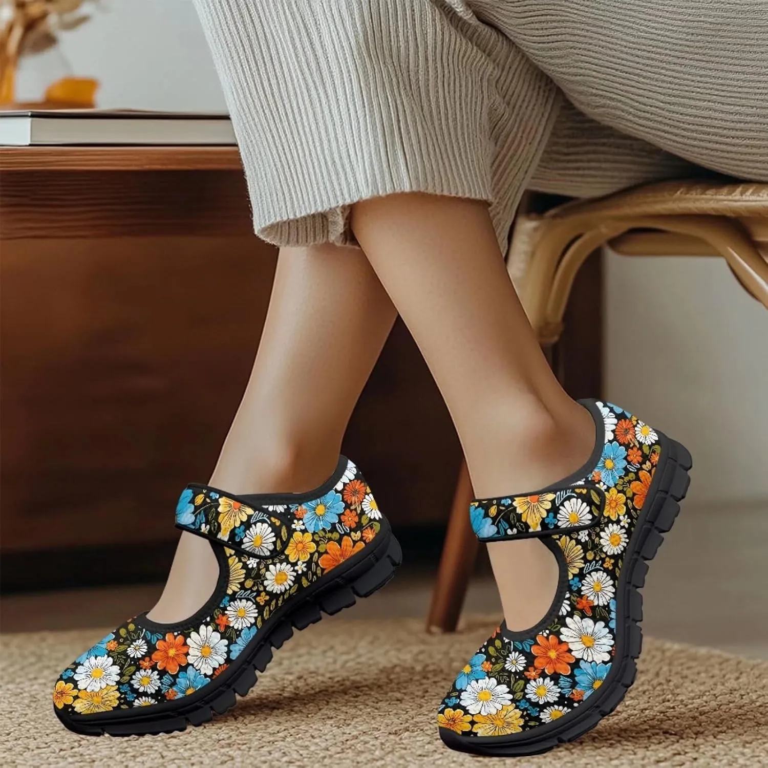 Jeiento Daisy Floral Casual Flats Mary Jane Flats for Women Comfortable Round Toe Slip On Flats