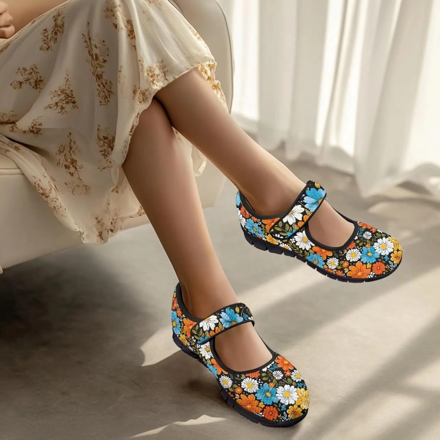 Jeiento Daisy Floral Casual Flats Mary Jane Flats for Women Comfortable Round Toe Slip On Flats