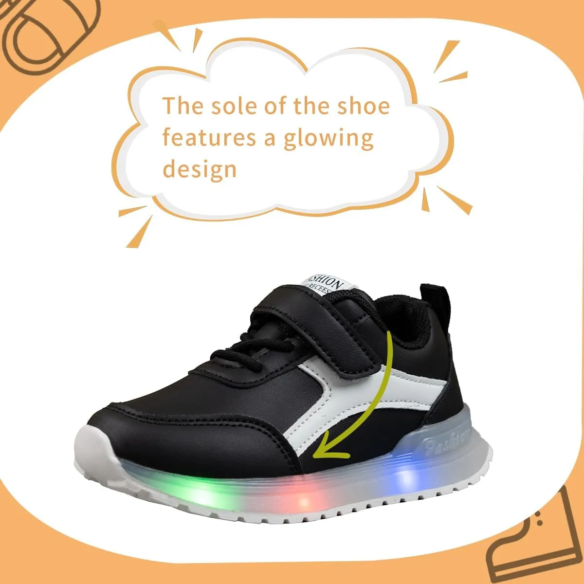 Kids Light Up Sneakers, Black and White Athletic Shoes with LED Soles, Hook and Loop Closure