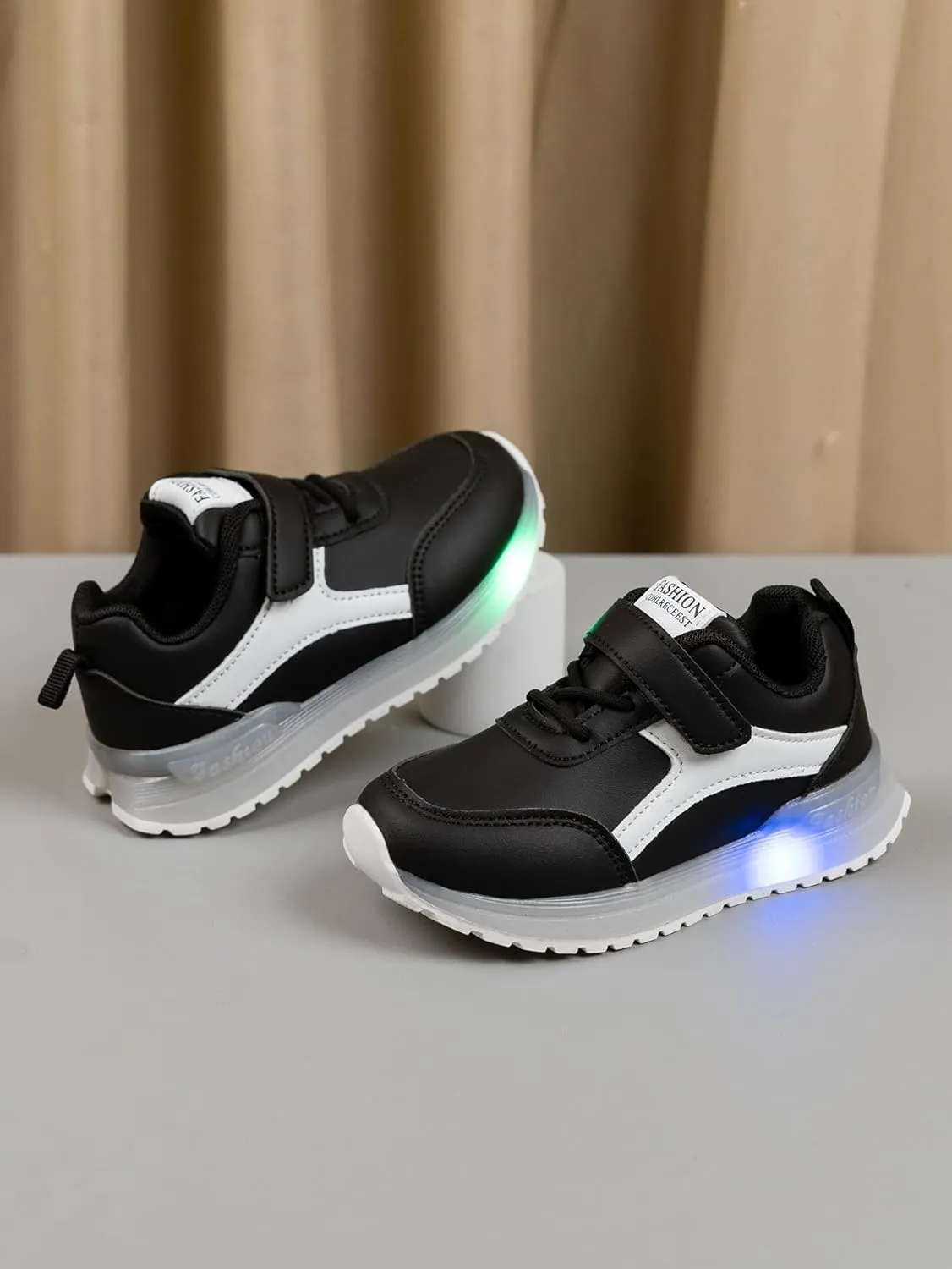 Kids Light Up Sneakers, Black and White Athletic Shoes with LED Soles, Hook and Loop Closure