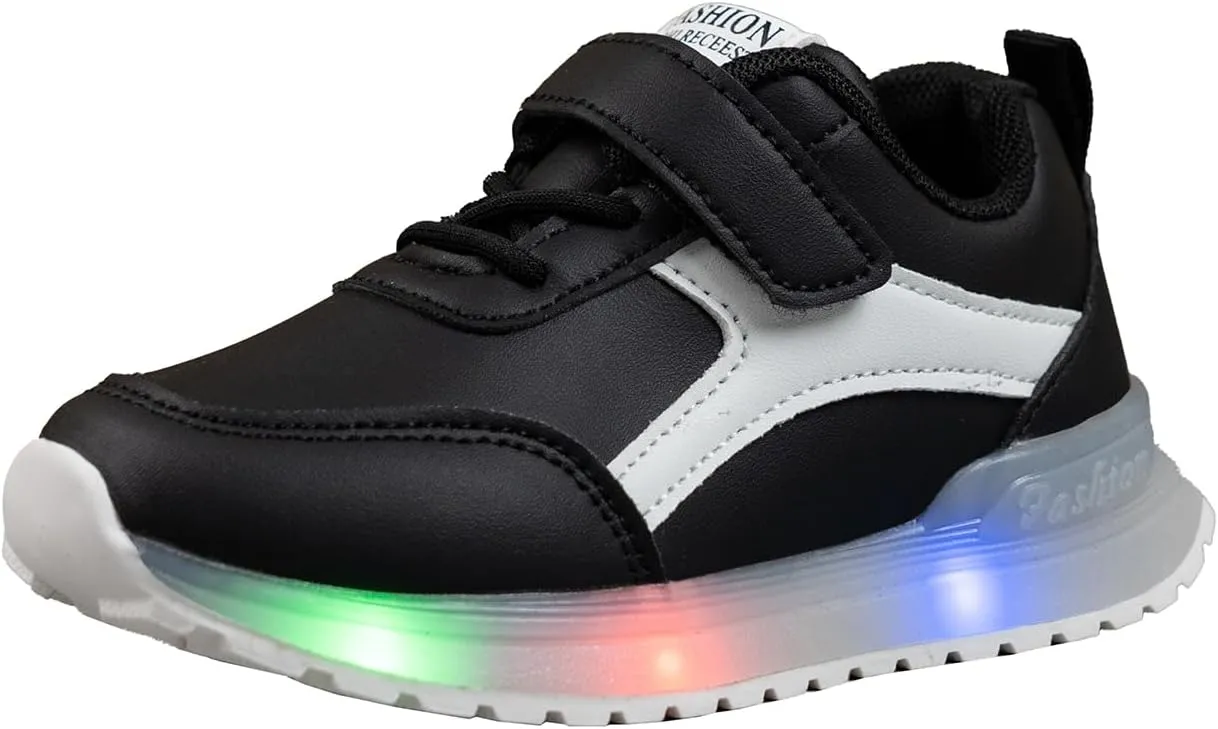 Kids Light Up Sneakers, Black and White Athletic Shoes with LED Soles, Hook and Loop Closure