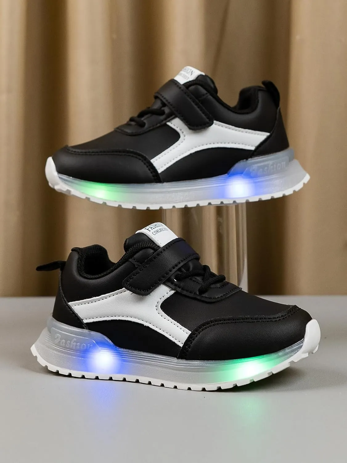 Kids Light Up Sneakers, Black and White Athletic Shoes with LED Soles, Hook and Loop Closure