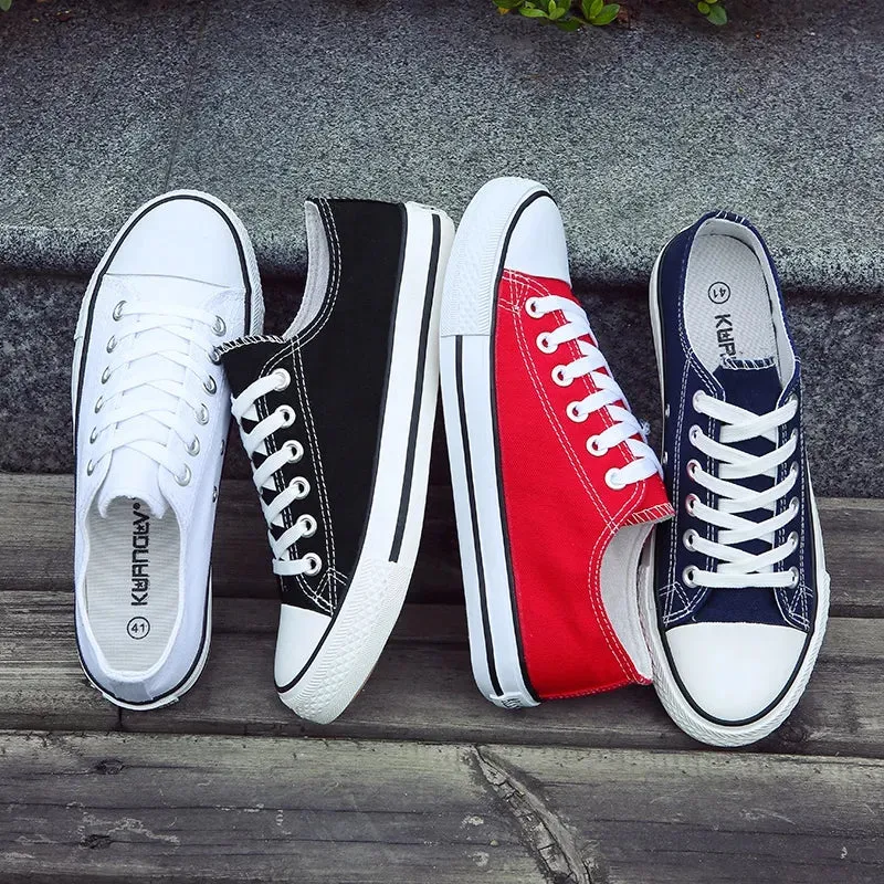 Lace-Up White Canvas Flat Heel Sneakers