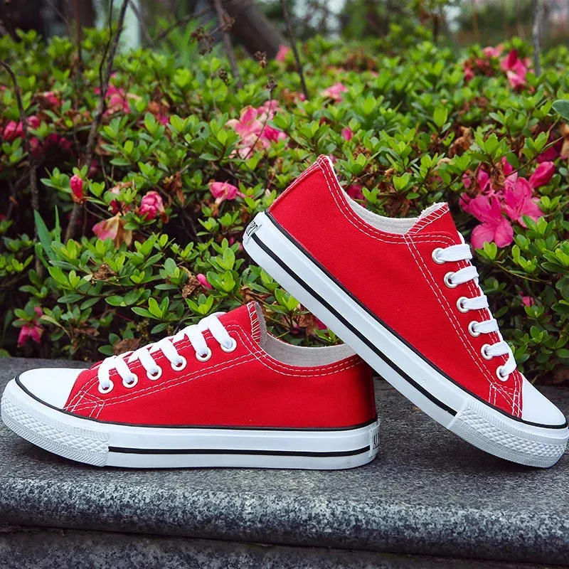 Lace-Up White Canvas Flat Heel Sneakers