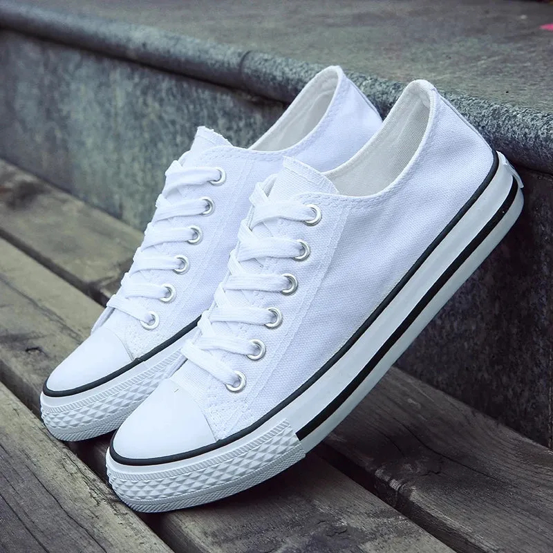 Lace-Up White Canvas Flat Heel Sneakers