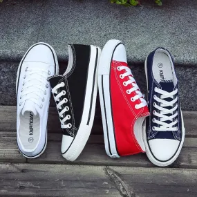 Lace-Up White Canvas Flat Heel Sneakers