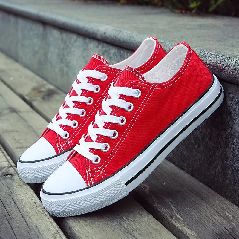 Lace-Up White Canvas Flat Heel Sneakers