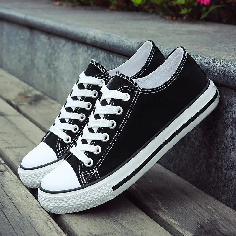 Lace-Up White Canvas Flat Heel Sneakers