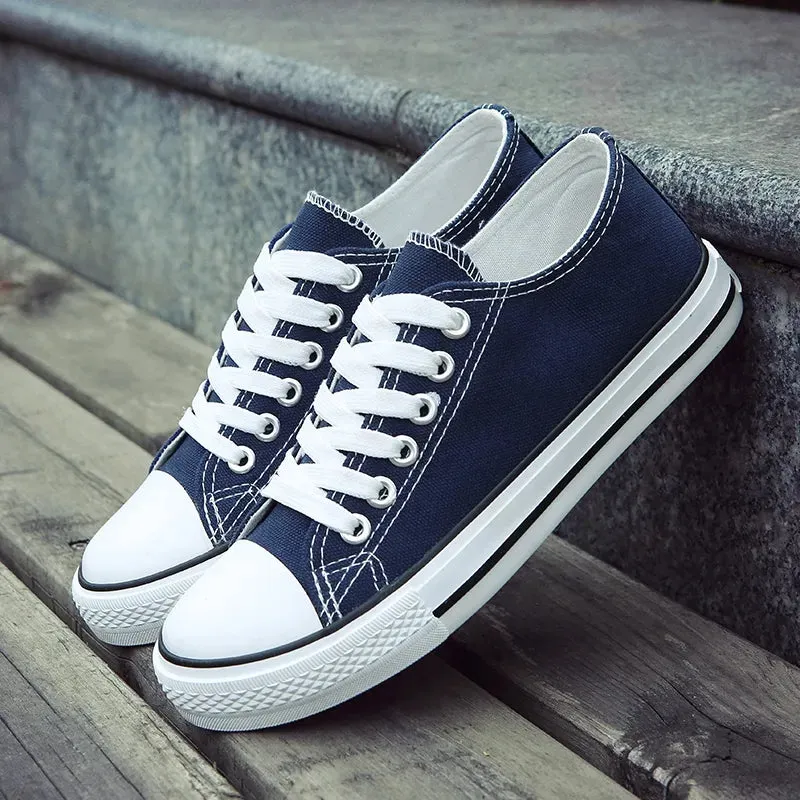 Lace-Up White Canvas Flat Heel Sneakers