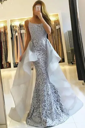Mermaid Spaghetti Straps Detachable Floor-Length Light Blue Lace Prom Dress  LR138