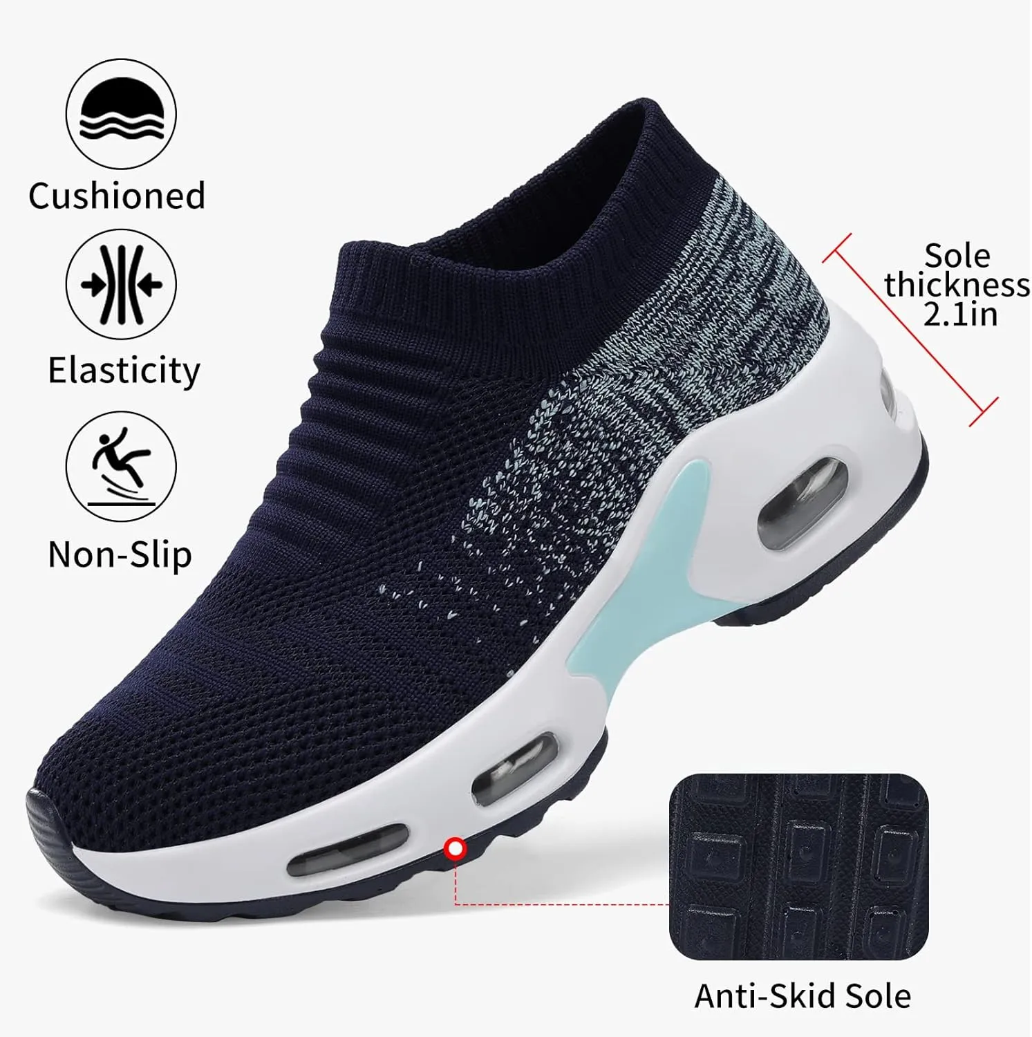 Mesh Sneakers for Women - Non Slip, Slip On, Sock Sneakers - Light Weight, Air Cushion Running, Work Shoes