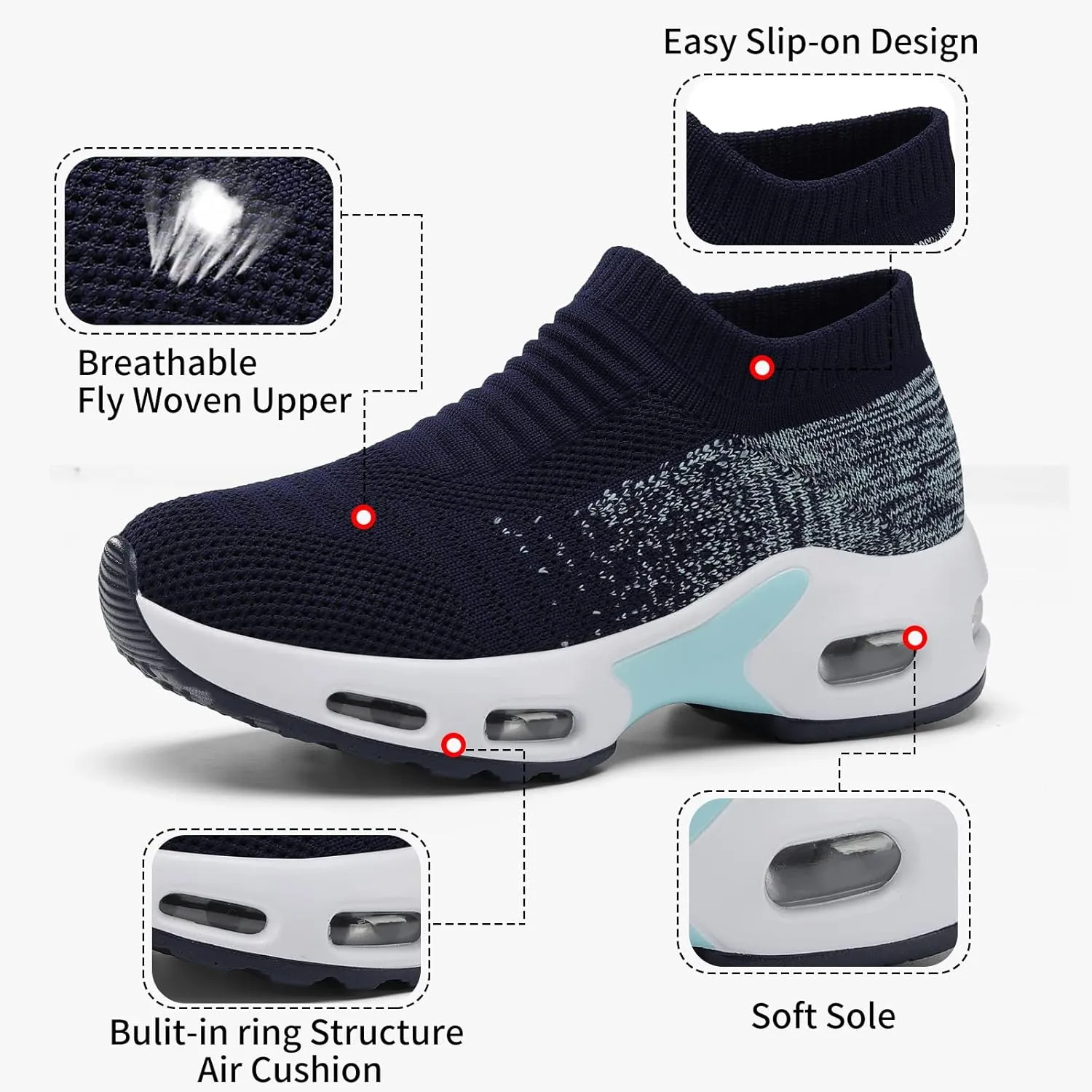 Mesh Sneakers for Women - Non Slip, Slip On, Sock Sneakers - Light Weight, Air Cushion Running, Work Shoes