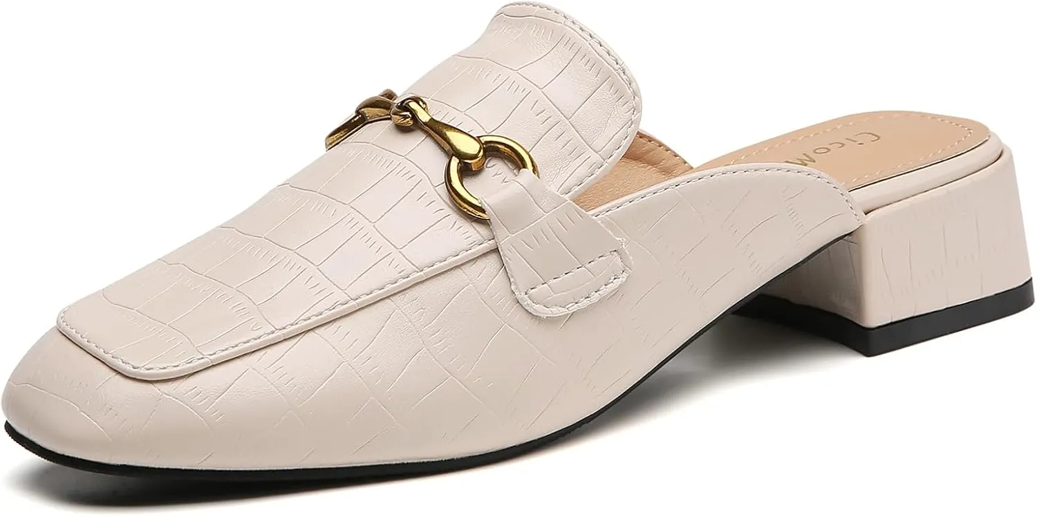 Metal Buckle Mules Women Square Toe Chunky Heels for Women Heeled Sandals Slip on Shoes Women Loafers Beige 10
