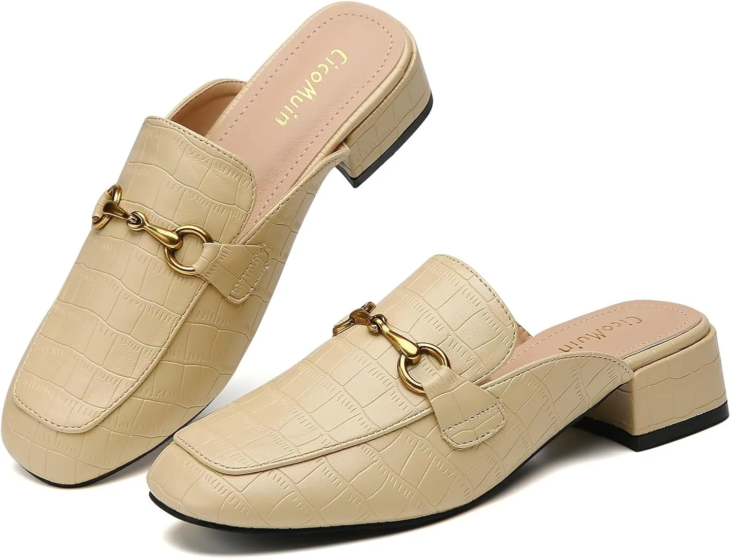 Metal Buckle Mules Women Square Toe Chunky Heels for Women Heeled Sandals Slip on Shoes Women Loafers