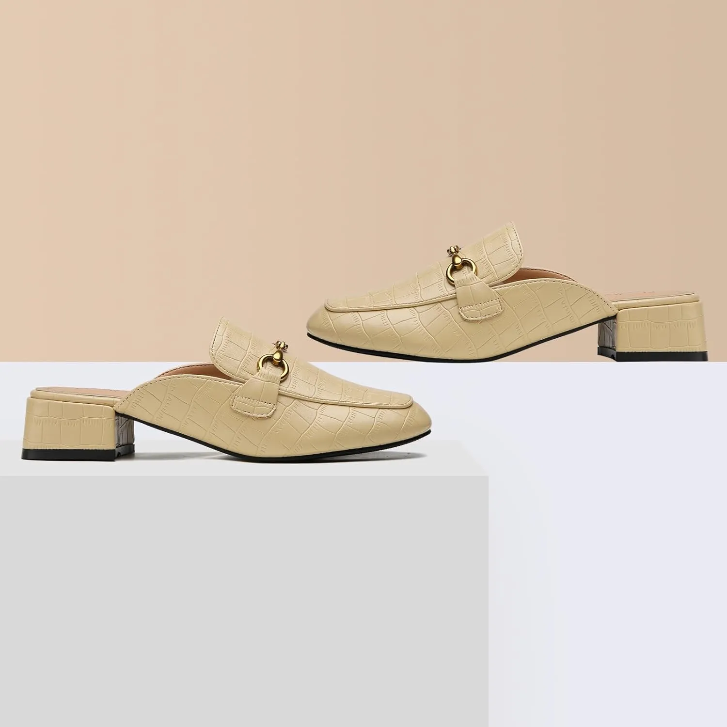 Metal Buckle Mules Women Square Toe Chunky Heels for Women Heeled Sandals Slip on Shoes Women Loafers