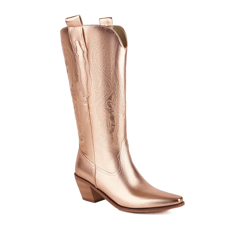Metallic embroidery solid color western boots under the knee