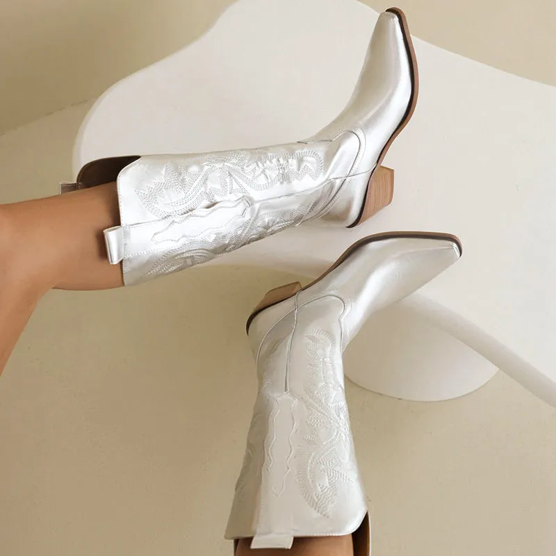 Metallic embroidery solid color western boots under the knee
