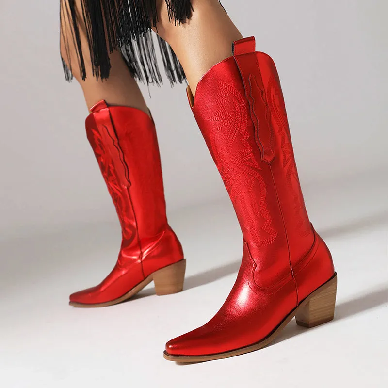 Metallic embroidery solid color western boots under the knee