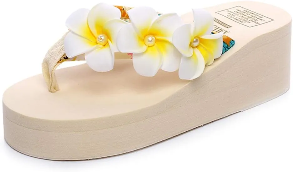MIOKE Women's Boho Flowers Wedge Flipflops Sandals Summer Comfort Platform Anti-Slip Beach Thong Sandals