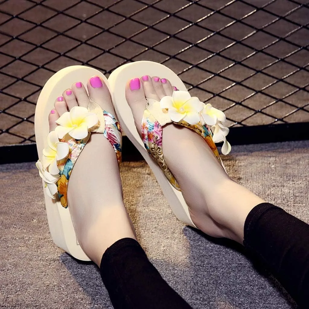 MIOKE Women's Boho Flowers Wedge Flipflops Sandals Summer Comfort Platform Anti-Slip Beach Thong Sandals