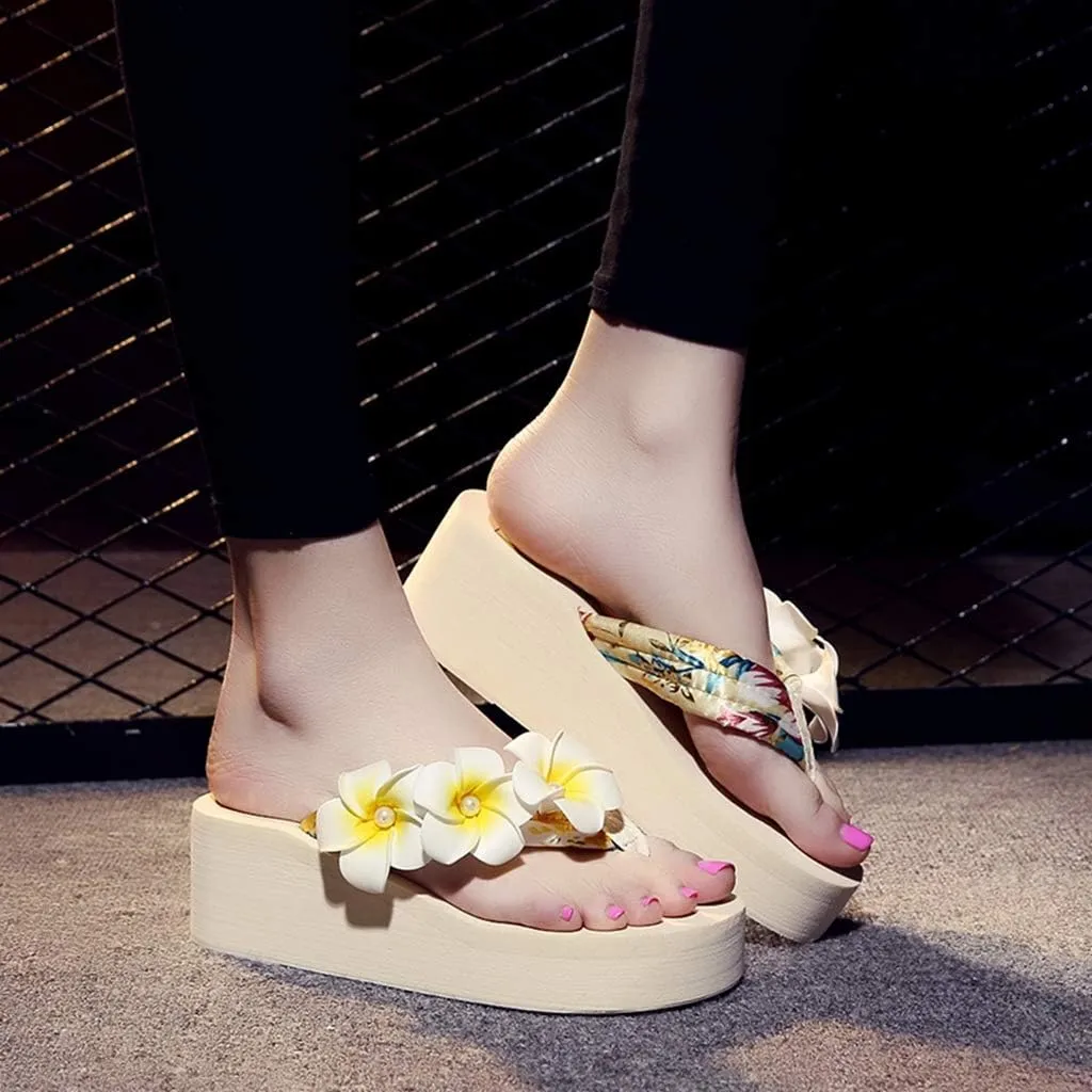 MIOKE Women's Boho Flowers Wedge Flipflops Sandals Summer Comfort Platform Anti-Slip Beach Thong Sandals