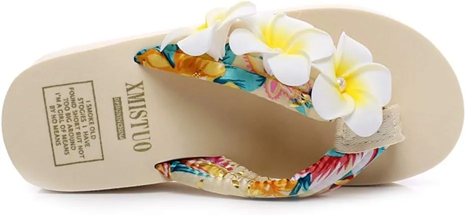 MIOKE Women's Boho Flowers Wedge Flipflops Sandals Summer Comfort Platform Anti-Slip Beach Thong Sandals
