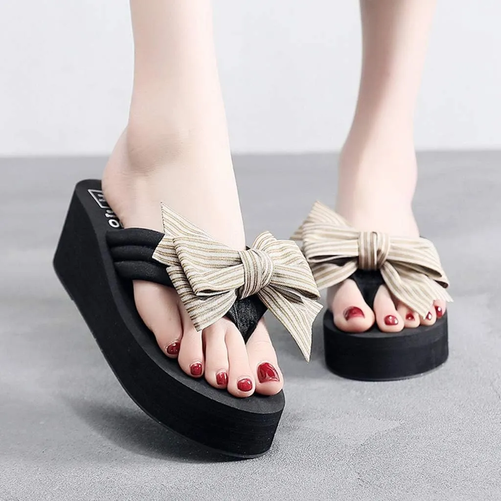 MIOKE Women's Bowknot Wedge Flipflops Sandals Fashion Summer Comfort Nonslip Platform Beach Thong Sandals