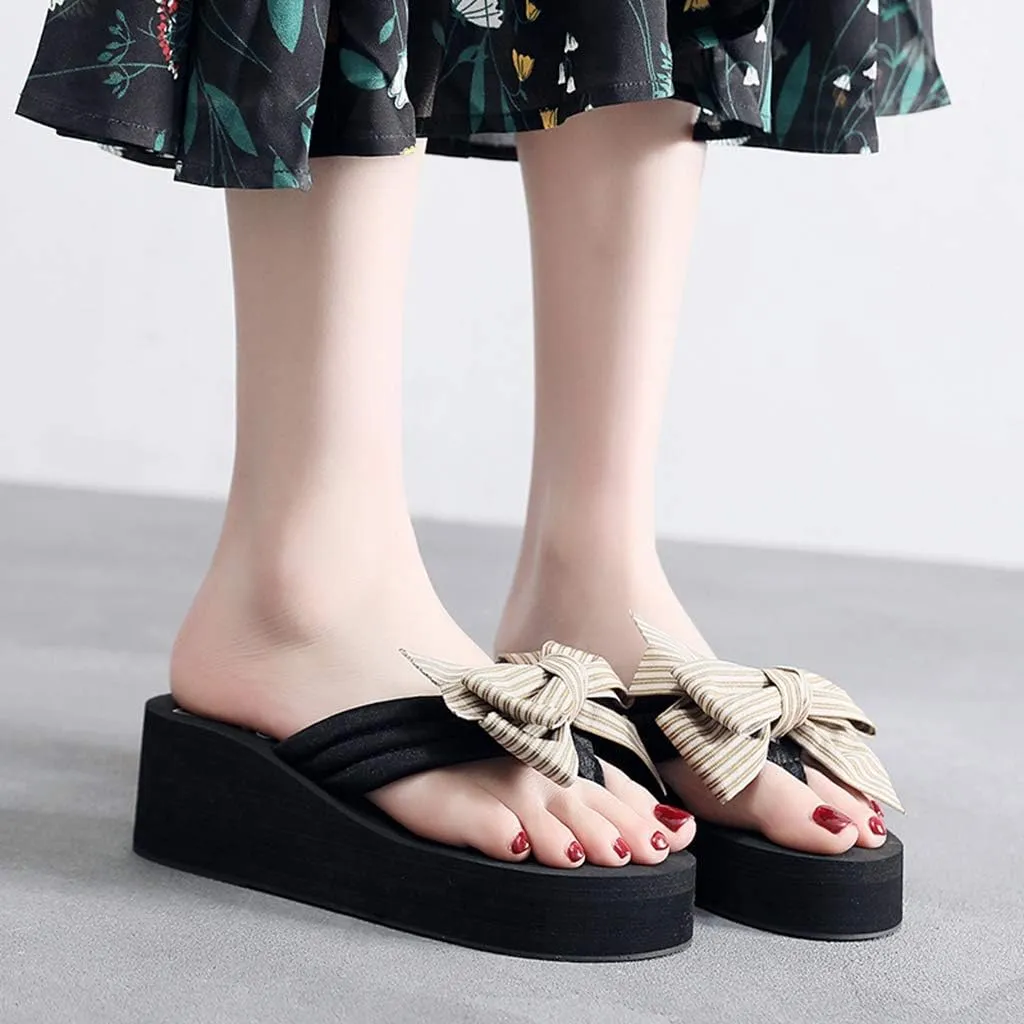 MIOKE Women's Bowknot Wedge Flipflops Sandals Fashion Summer Comfort Nonslip Platform Beach Thong Sandals