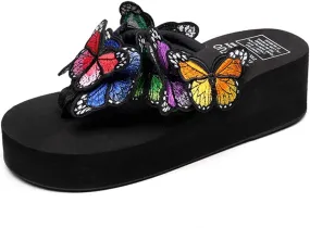 MIOKE Womens Summer Beach Platform Flip Flops Bohemian Butterfly High Heel Anti-Slip Thong Wedge Sandals