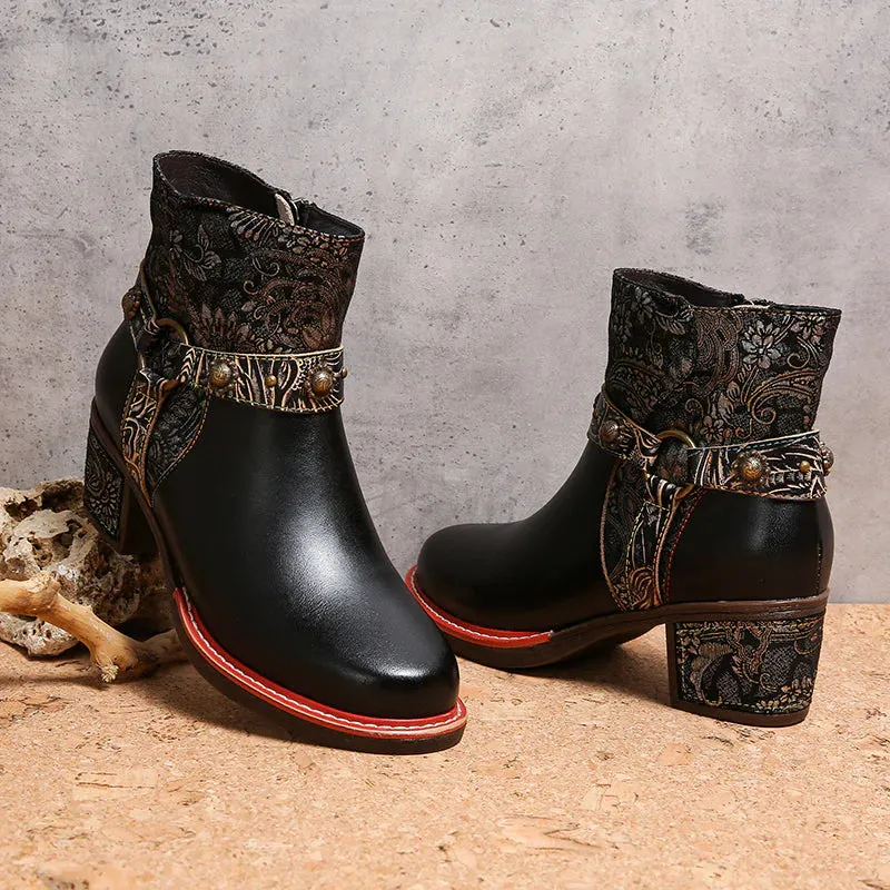 NEW Retails $114, CrazycatZ Womens Boots Floral Block Heel Leather Western Boots Colorful Leather Boots Black, Sz 7