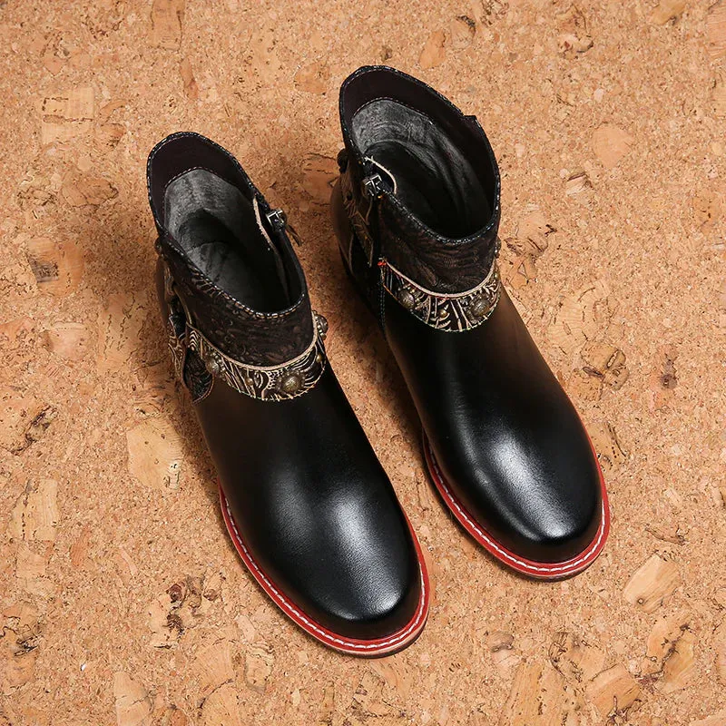 NEW Retails $114, CrazycatZ Womens Boots Floral Block Heel Leather Western Boots Colorful Leather Boots Black, Sz 7