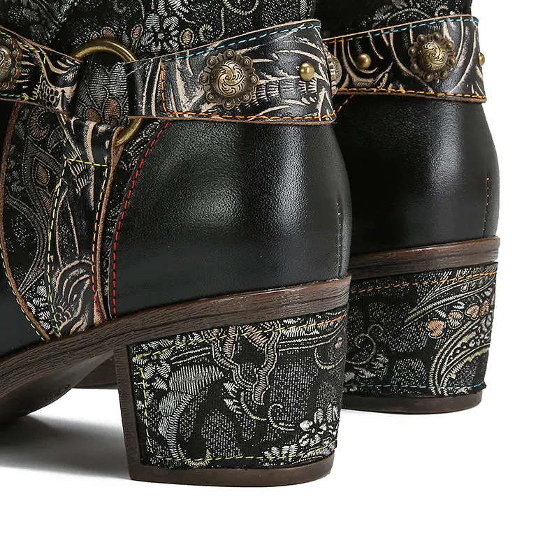 NEW Retails $114, CrazycatZ Womens Boots Floral Block Heel Leather Western Boots Colorful Leather Boots Black, Sz 7