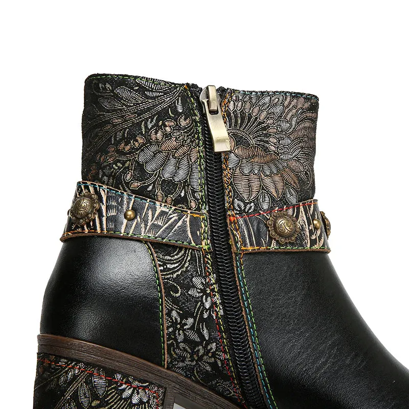 NEW Retails $114, CrazycatZ Womens Boots Floral Block Heel Leather Western Boots Colorful Leather Boots Black, Sz 7
