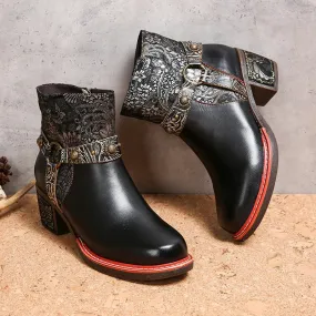NEW Retails $114, CrazycatZ Womens Boots Floral Block Heel Leather Western Boots Colorful Leather Boots Black, Sz 7