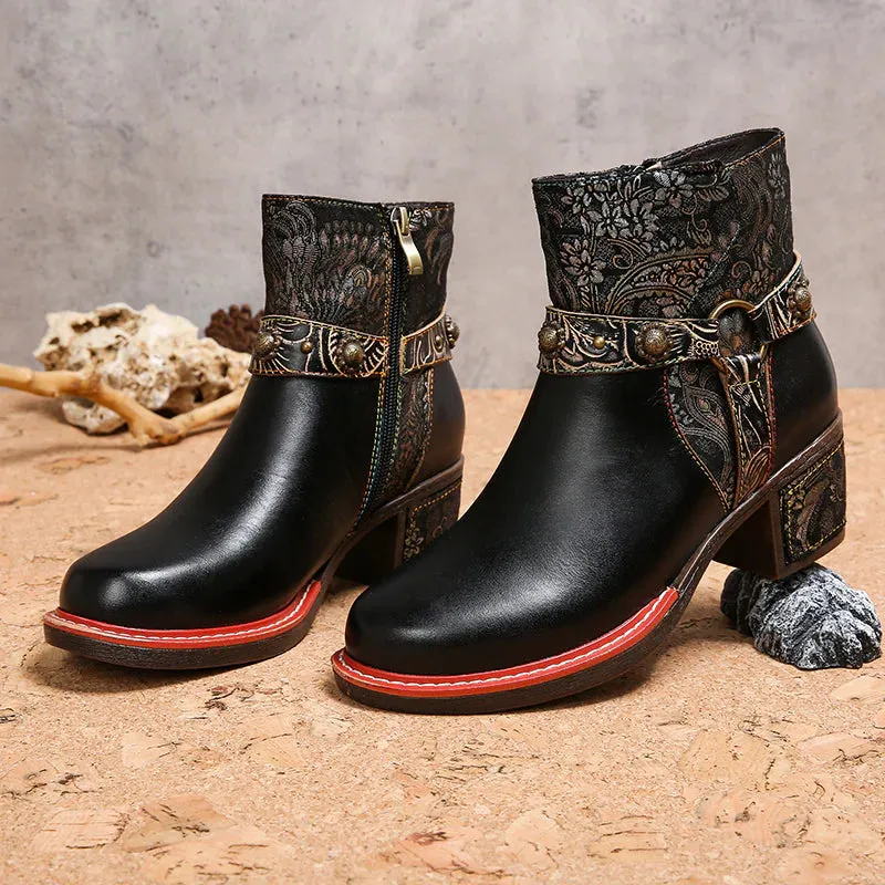 NEW Retails $114, CrazycatZ Womens Boots Floral Block Heel Leather Western Boots Colorful Leather Boots Black, Sz 7