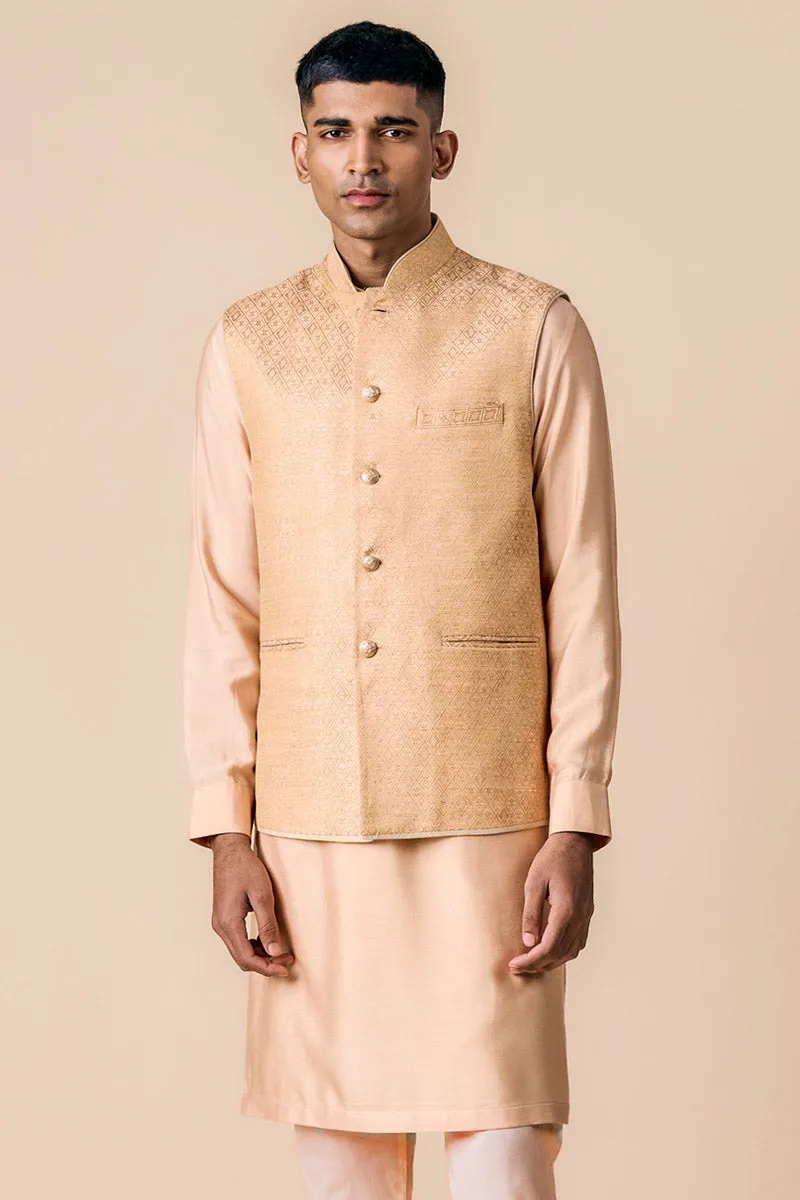 Peach Brocade Kurta Bundi Set