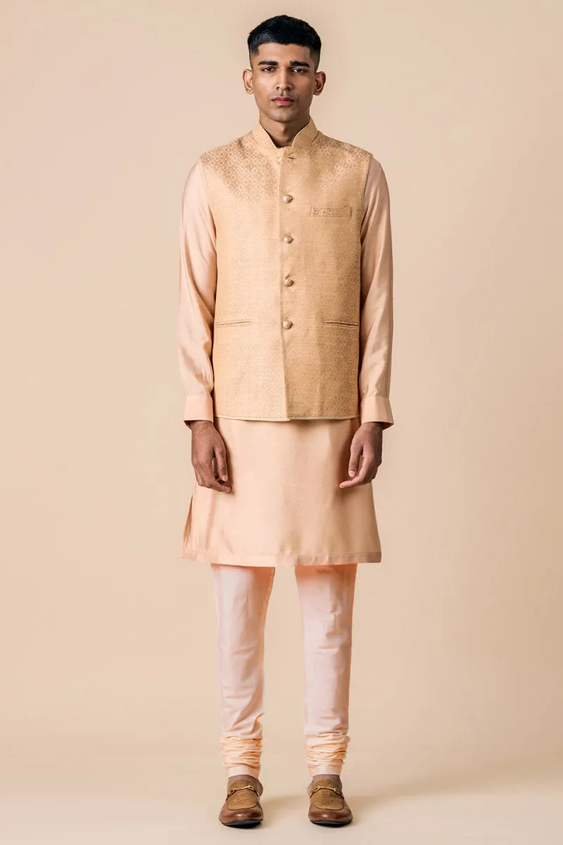Peach Brocade Kurta Bundi Set