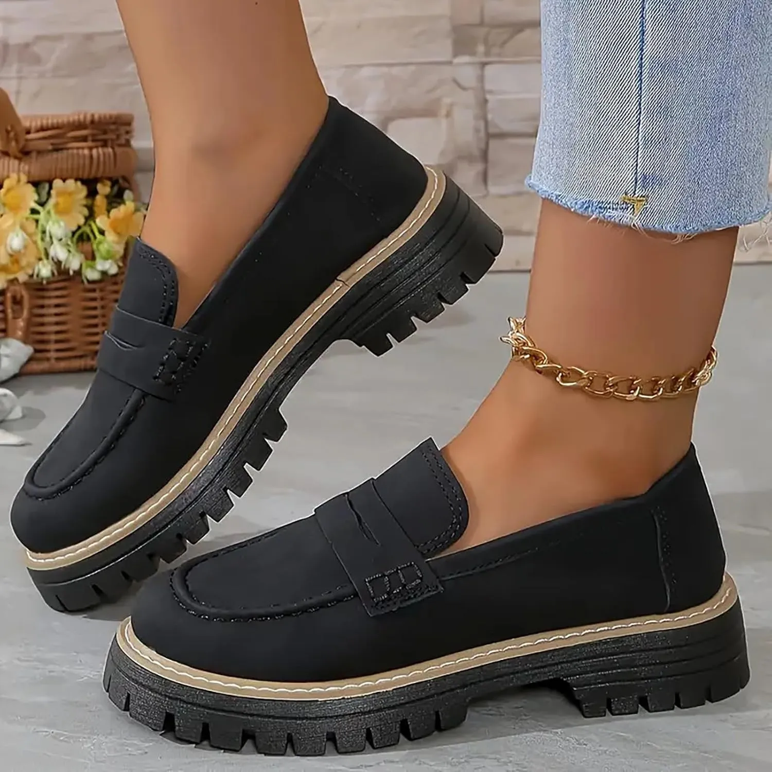 Platform Loafers for Women Comfort Slip On Loafers Casual Business Shoes Classic Fall Shoes Leather Penny Loafers