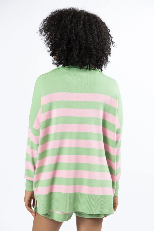 Pulling Heartstrings Green and Pink Striped Quarter Zip Pullover