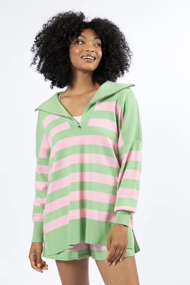 Pulling Heartstrings Green and Pink Striped Quarter Zip Pullover